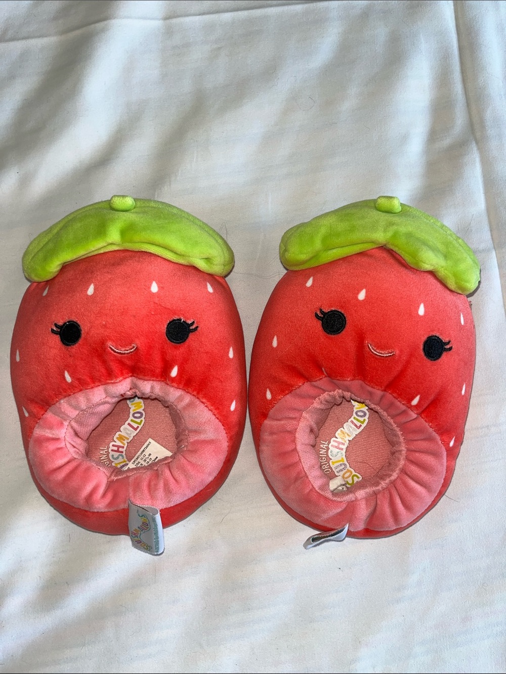 Squishmallow Strawberry Kids Plush Slippers - Pink/Red with Green Leaf